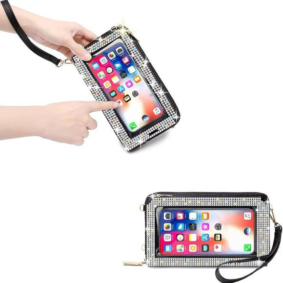 Bling Rhinestone RFID Blocking Touch Screen Phone Bag Womens Wallet Wristlet Clu - Picture 2 of 5